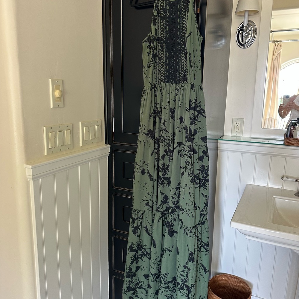 Ranna Gill for Anthropologie Green Floral Maxi Dress with black embroidering top